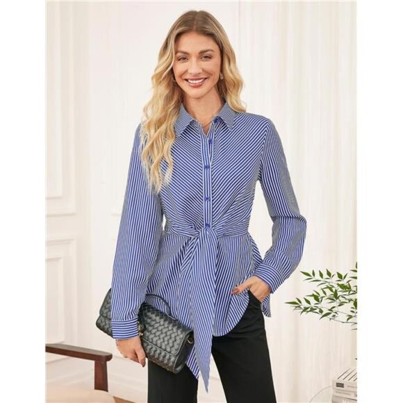 Peplum Tops Tie Front Striped Blouse Blue - Picture 6 of 6